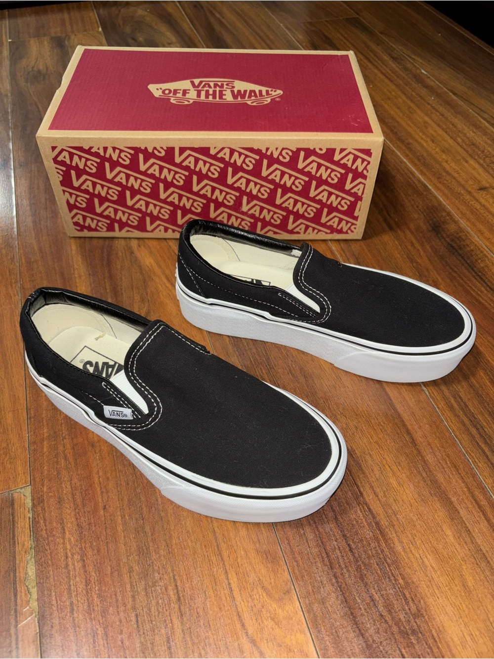 Vans Black & White Slip-On Canvas Platform Loafers